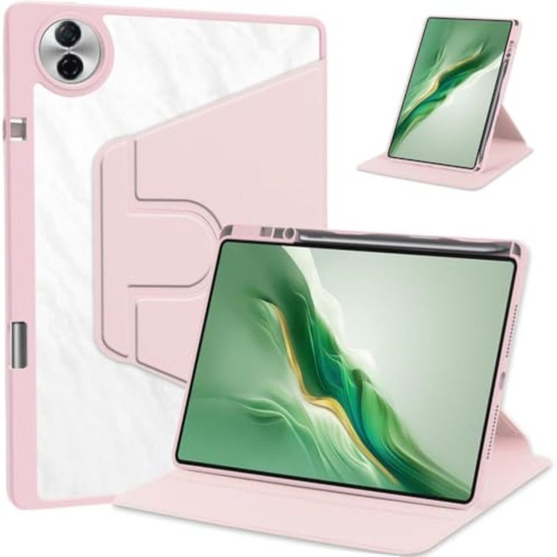 حافظة لهاتف Honor Pad 10، مقاس 12.1 بوصة 2025، غطاء حامل دوار 360 درجة، غطاء فوليو متعدد الزوايا مع حامل قلم رصاص وردي - Image 1