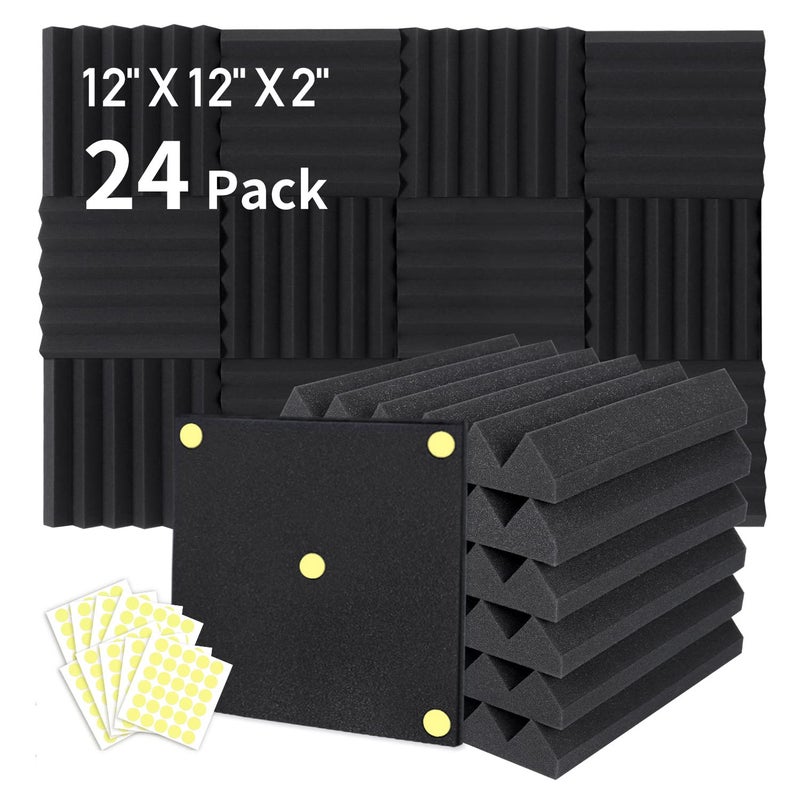 Focusound 24 Packs Acoustic Foam Panels 2 X 12 X 12 Soundproofing Foam Noise Cancelling Foam with 120 PCS DoubleSide adhesive