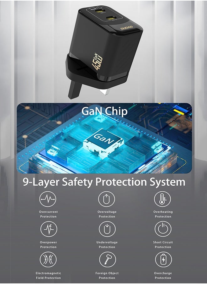 DUDAO - 45W GaN Dual USB C Fast Charger, Type C PD Wall Charger, USB C Power Adapter with Smart Temperature Control IC, 9-Layer Safety Protection, Compatible with iPhone, Samsung, Huawei, Xiaomi, MacBook, Laptop, Tablet - Image 1