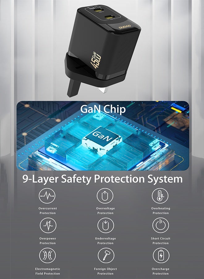 DUDAO 45W Samsung Charger GaN Dual USB C Fast Charger, Type C Wall Charger, USB C Laptop Charger Power Adapter, 9-Layer Safety Protection, Smart Temperature Control, Compatible with iPhone, Samsung, Huawei, Xiaomi, MacBook, Laptop, Tablet - Image 3