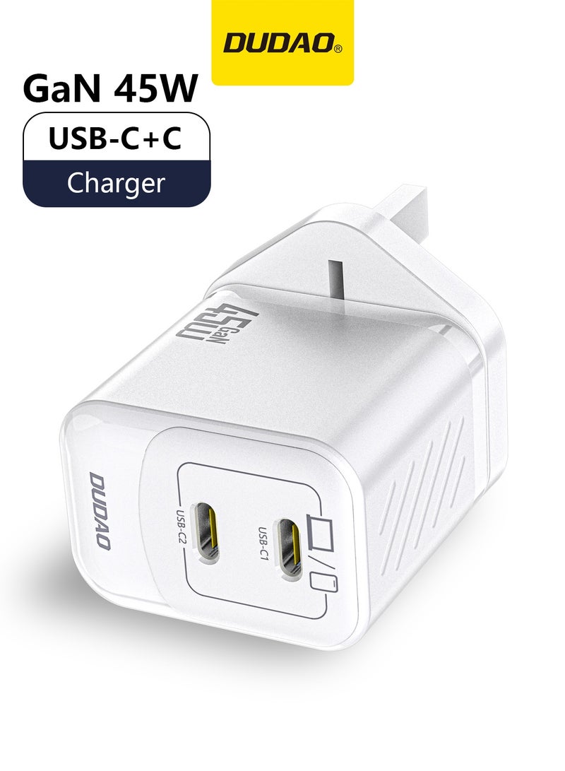 دوداو شاحن سامسونج 45 واط بتقنية GaN، شاحن سريع بمنفذي USB-C، شاحن جداري PD3.0 PPS صغير الحجم، شاحن تايب سي متوافق مع سامسونج Galaxy و iPhone 15 و Huawei، شاحن USB C سريع مع تحكم ذكي في درجة الحرارة - Image 1
