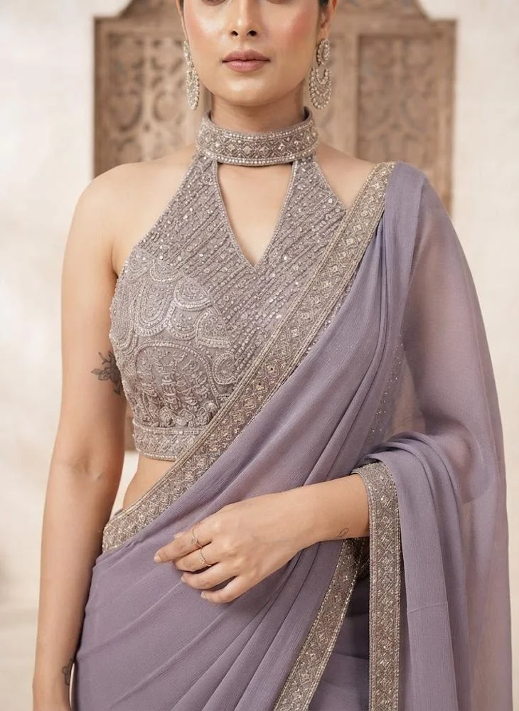 Viny VINY Lavender Grey 2-Piece Sequin Embroidered Saree Set – Women's Indian Ethnic Wear
