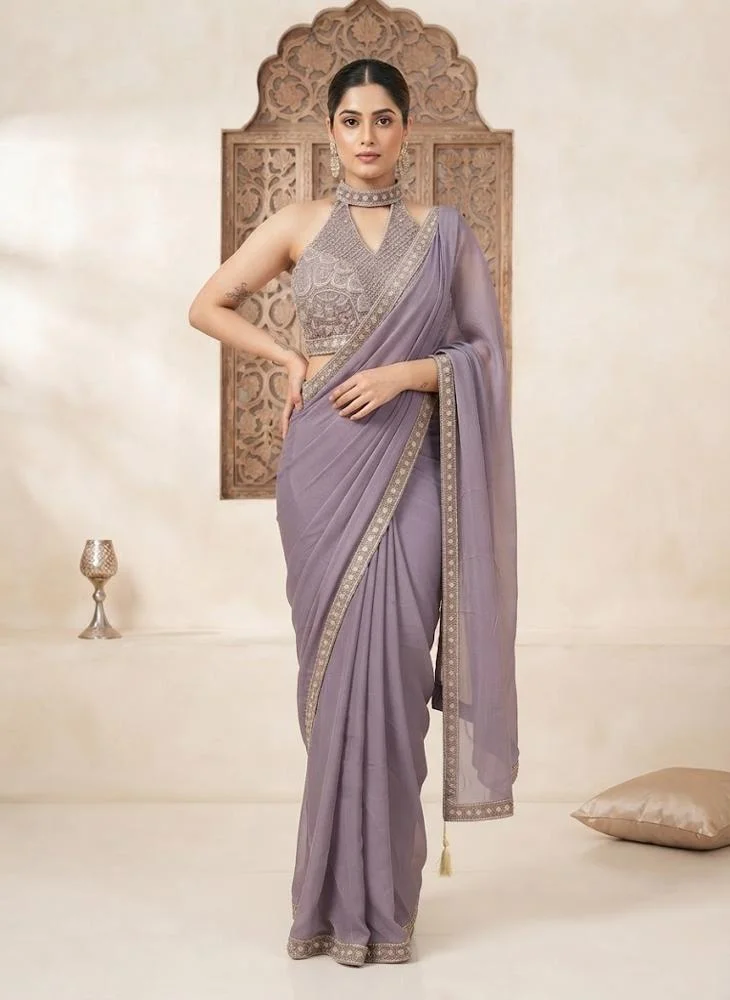 Viny VINY Lavender Grey 2-Piece Sequin Embroidered Saree Set – Women's Indian Ethnic Wear