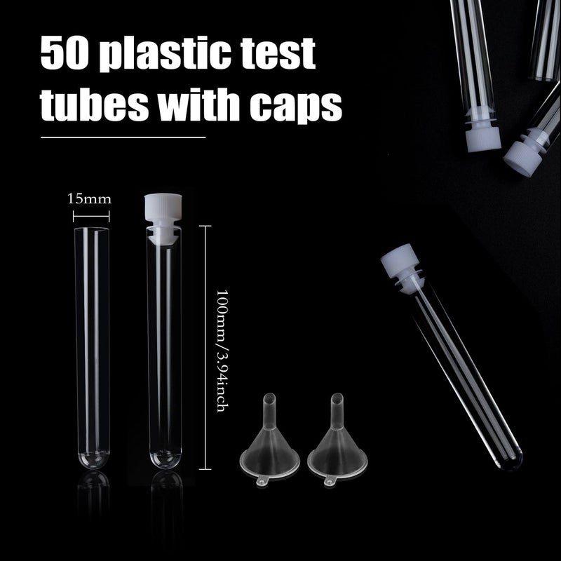 Lainrrew 50 Pcs Test Tubes, Clear Plastic Test Tubes with Caps & 2 Funnels for Scientific Experiments, Candy Beads Sample Storage, Kids Party Supplies, Halloween, Christmas (15 x 100mm) - Image 2