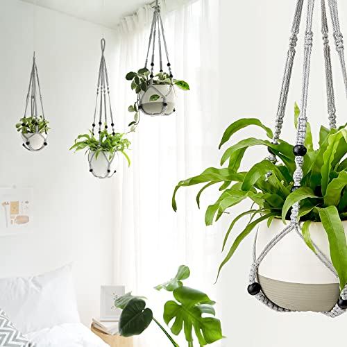 Mkono Macrame Plant Hanger Indoor Hanging Planter Basket with Wood Beads Decorative Flower Pot Holder No Tassels for Indoor Outdoor Boho Home Decor 35 Inch, Grey, Set of 1 (POTS NOT Included) - Image 3