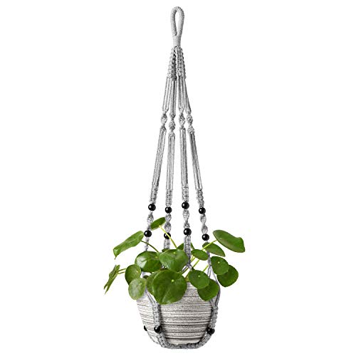 Mkono Macrame Plant Hanger Indoor Hanging Planter Basket with Wood Beads Decorative Flower Pot Holder No Tassels for Indoor Outdoor Boho Home Decor 35 Inch, Grey, Set of 1 (POTS NOT Included) - Image 1