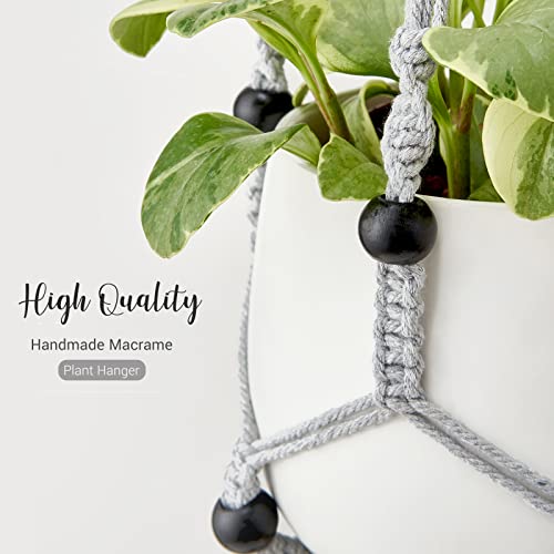 Mkono Macrame Plant Hanger Indoor Hanging Planter Basket with Wood Beads Decorative Flower Pot Holder No Tassels for Indoor Outdoor Boho Home Decor 35 Inch, Grey, Set of 1 (POTS NOT Included) - Image 4