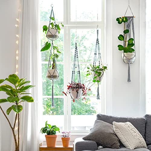 Mkono Macrame Plant Hanger Indoor Hanging Planter Basket with Wood Beads Decorative Flower Pot Holder No Tassels for Indoor Outdoor Boho Home Decor 35 Inch, Grey, Set of 1 (POTS NOT Included) - Image 5
