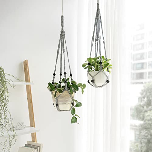 Mkono Macrame Plant Hanger Indoor Hanging Planter Basket with Wood Beads Decorative Flower Pot Holder No Tassels for Indoor Outdoor Boho Home Decor 35 Inch, Grey, Set of 1 (POTS NOT Included) - Image 2