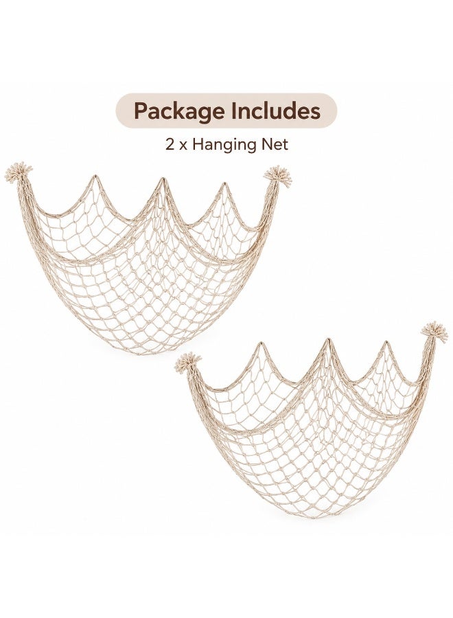 Tanyaz 2 PCS Decorative Hanging Net Wall Decor, Handwoven Cotton Rope Mesh Organizer, Coastal Boho Wall Display for Photos, Cards, Shells and Home Decoration, Natural Beige Rope Net for Bedroom Nursery Living Room (100*200 CM) - Image 2