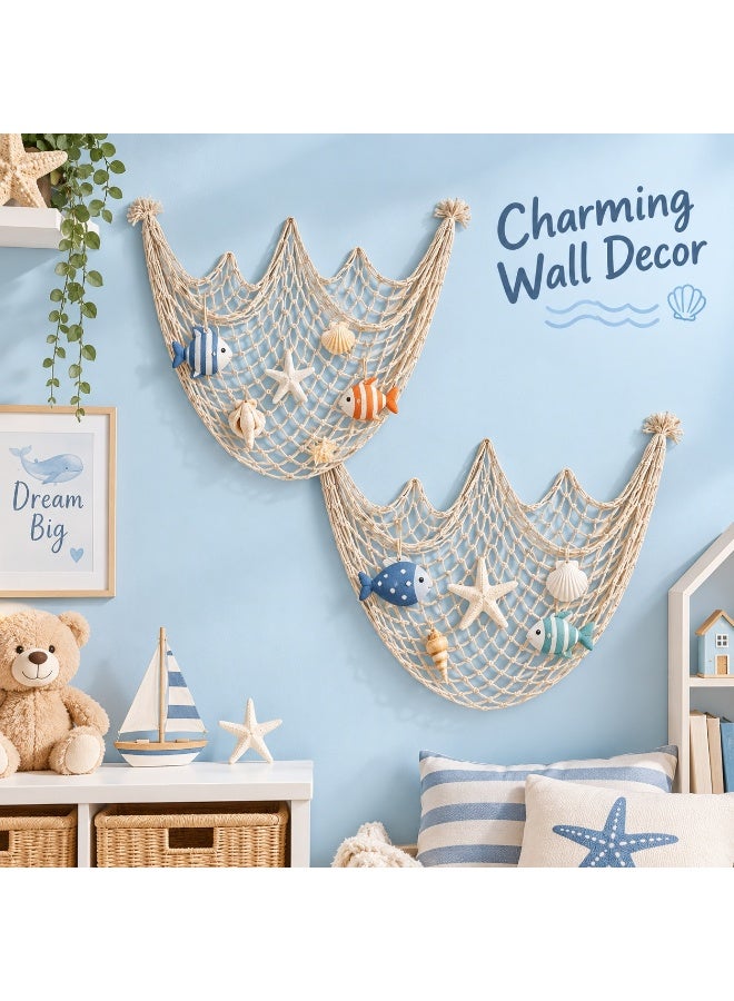 Tanyaz 2 PCS Decorative Hanging Net Wall Decor, Handwoven Cotton Rope Mesh Organizer, Coastal Boho Wall Display for Photos, Cards, Shells and Home Decoration, Natural Beige Rope Net for Bedroom Nursery Living Room (100*200 CM) - Image 4