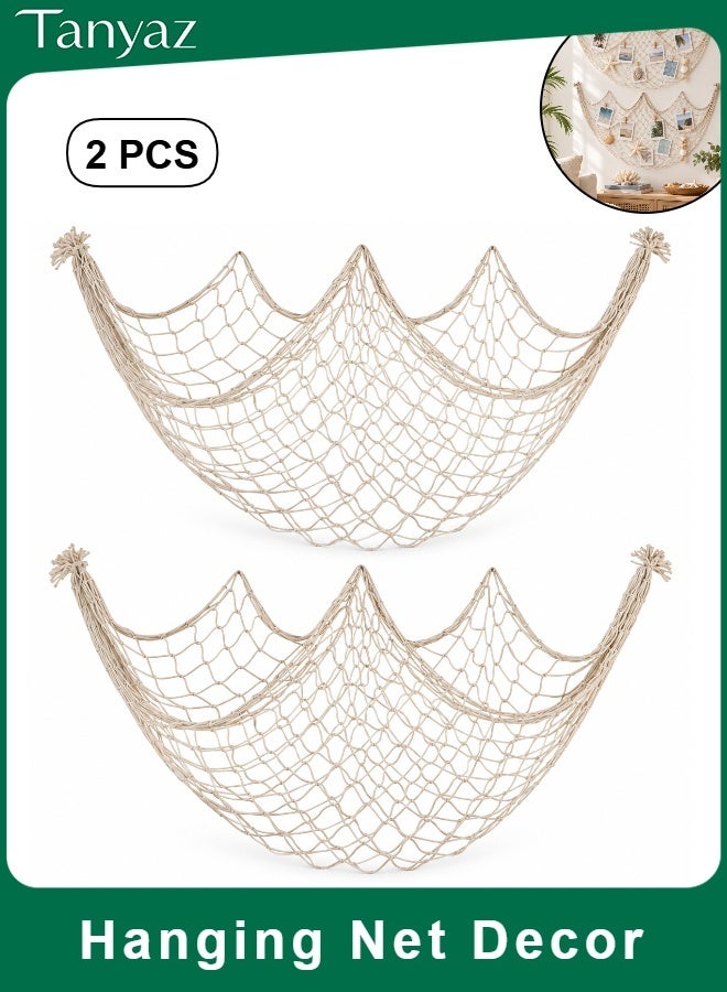 Tanyaz 2 PCS Decorative Hanging Net Wall Decor, Handwoven Cotton Rope Mesh Organizer, Coastal Boho Wall Display for Photos, Cards, Shells and Home Decoration, Natural Beige Rope Net for Bedroom Nursery Living Room (100*200 CM) - Image 1