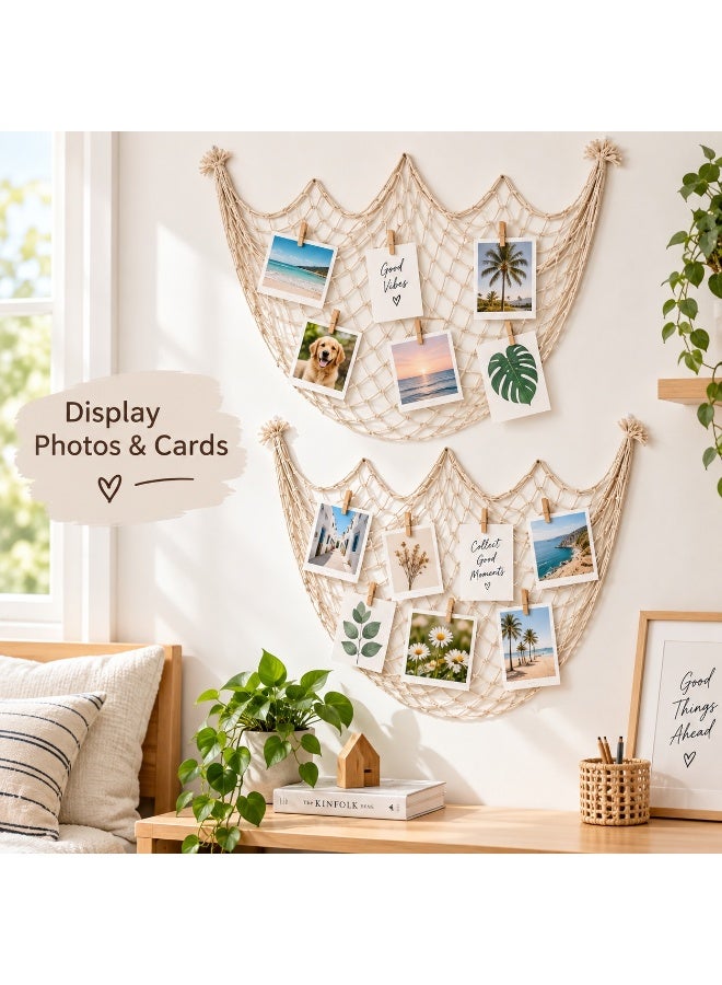 Tanyaz 2 PCS Decorative Hanging Net Wall Decor, Handwoven Cotton Rope Mesh Organizer, Coastal Boho Wall Display for Photos, Cards, Shells and Home Decoration, Natural Beige Rope Net for Bedroom Nursery Living Room (100*200 CM) - Image 5