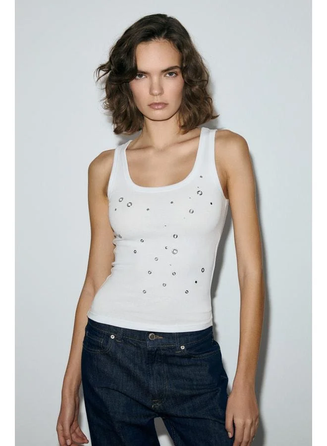 GRIMELANGE MORLISSA Women's Soft and Flexible Fabric Stone-Printed Slim Fit White Tank Top.