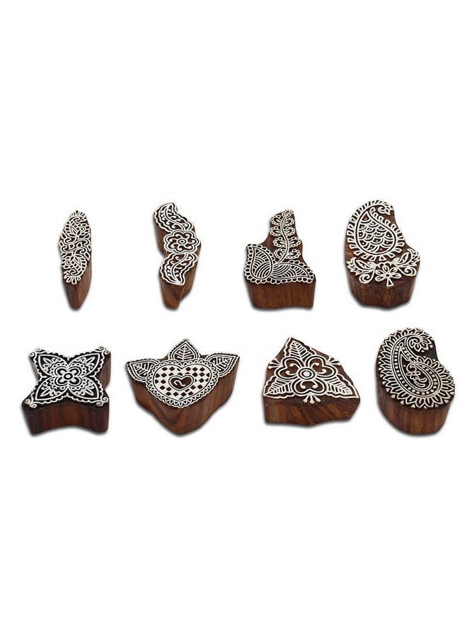 Hashcart Hand-Carved Mughal Design Wooden Baren Blocks/Stamps - (Set of 8) (Brown and White) - Image 2