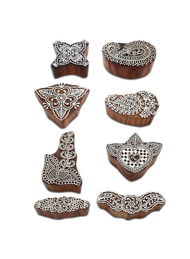 Hashcart Hand-Carved Mughal Design Wooden Baren Blocks/Stamps - (Set of 8) (Brown and White) - Image 3