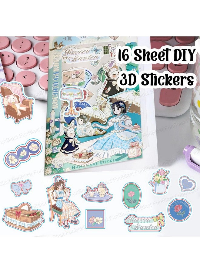 FunBlast Pvc Kawaii Stickers Set 16 Sheet (100+ Pcs) Diy 3D For Girls, Aesthetic Sticker, Journaling, Scrapbooking, Cute (Girls & Flowers 4X4=16 Sheetsself-Adhesive, Wall, 10 Cm, 19 Cms) - Image 4