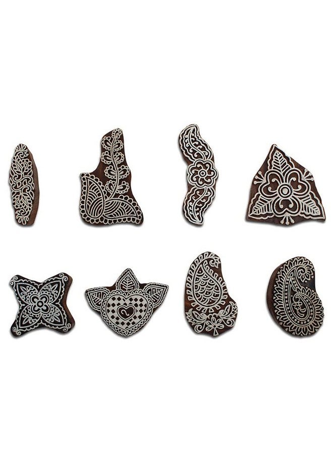 Hashcart Hand-Carved Mughal Design Wooden Baren Blocks/Stamps - (Set of 8) (Brown and White) - Image 1