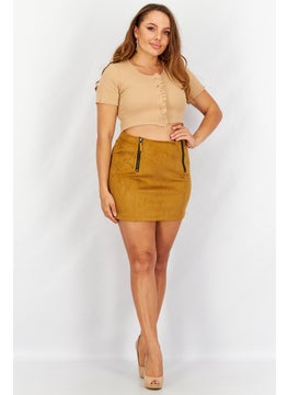 IKKS Women Solid Mini Skirt, Tan  - Image 4