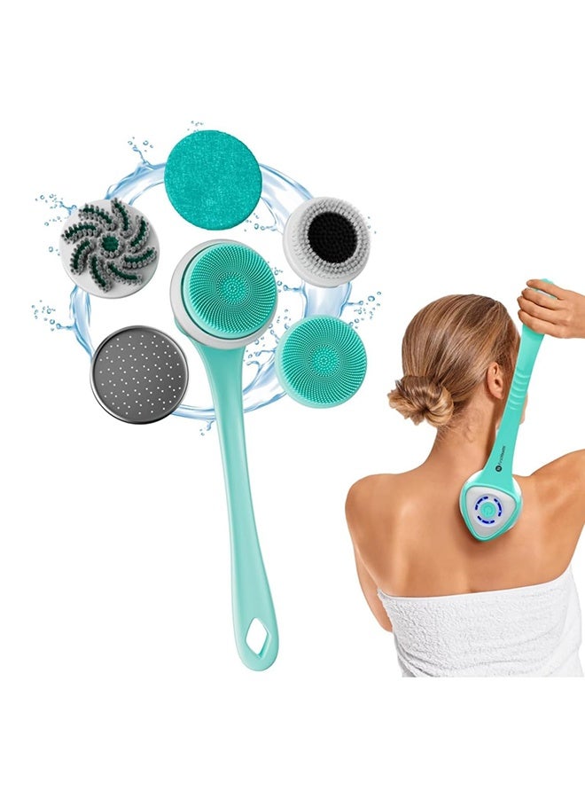 غنافوتو فرشاة دش كهربائية، فرشاة ظهر دوارة قابلة لإعادة الشحن بمقبض طويل، مناسبة لتقشير الجسم وتنظيفه، مقاومة للماء ومانعة للانزلاق بفضل السيليكون، 5 ملحقات للفرشاة - Image 1