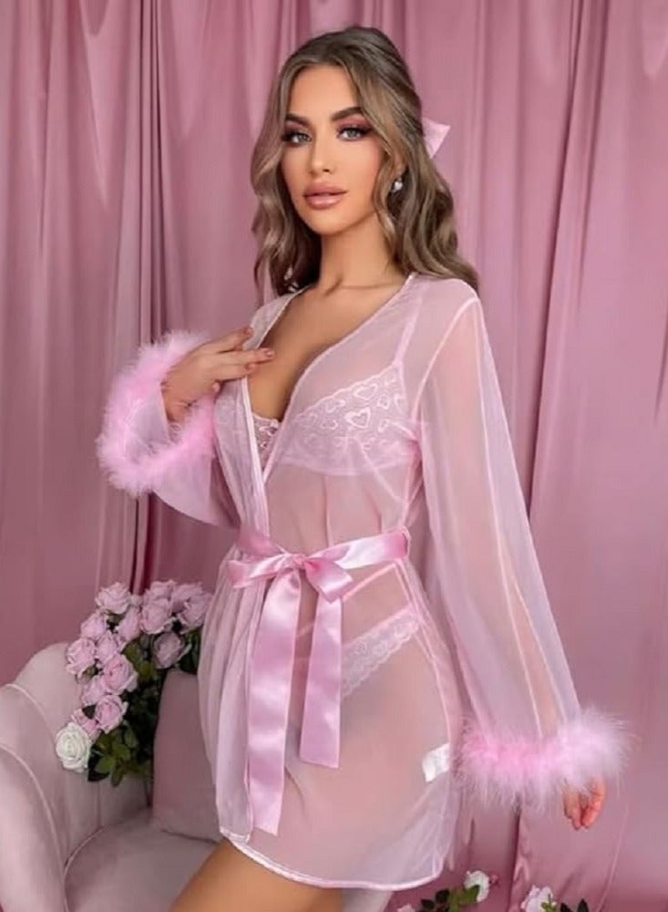 Pink witch dress style lingerie, combining a lace bra decorated with delicate hearts with an attractive ribbon, and a soft feminine bow string, Code 225 - Image 1