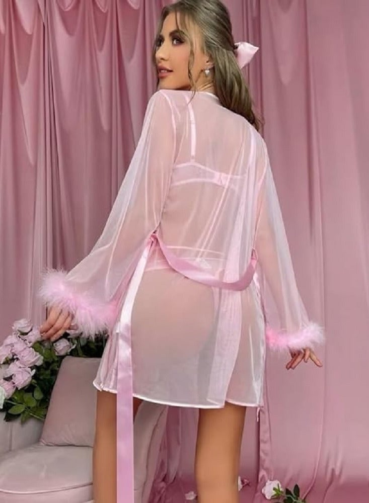 Pink witch dress style lingerie, combining a lace bra decorated with delicate hearts with an attractive ribbon, and a soft feminine bow string, Code 225 - Image 2