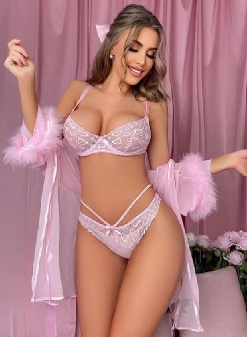 Pink witch dress style lingerie, combining a lace bra decorated with delicate hearts with an attractive ribbon, and a soft feminine bow string, Code 225 - Image 4