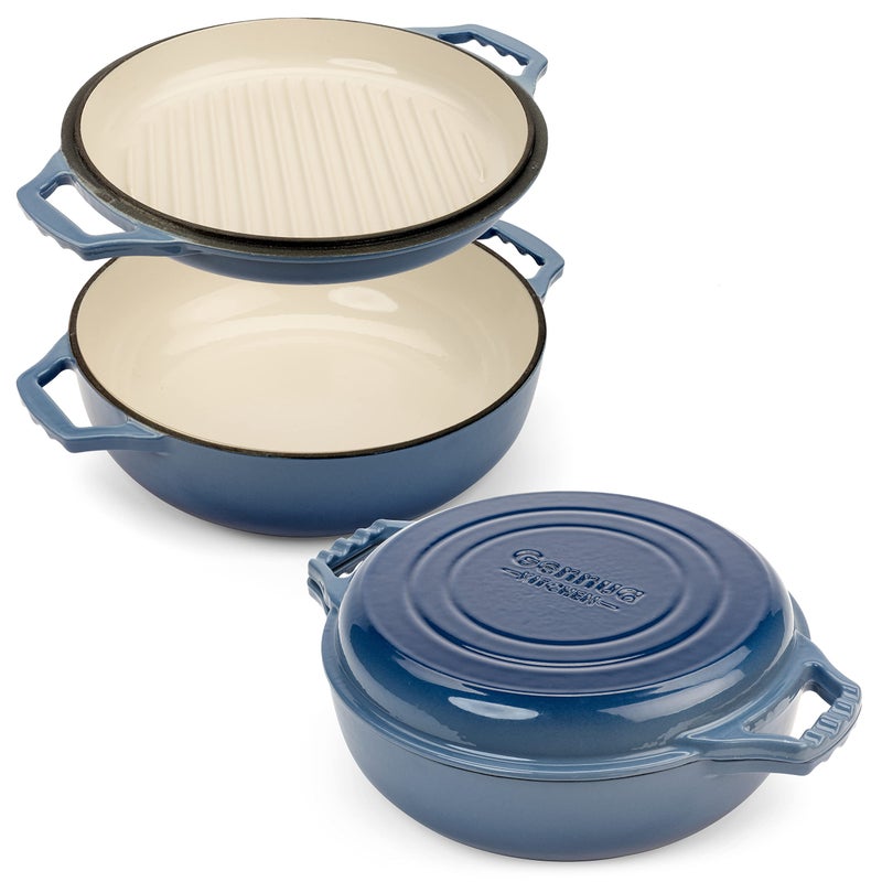 Gennua Kitchen 2in1 Enameled Cast Iron Braiser Pan with Grill Lid  33Quart Small Dutch Oven Serves as Both Casserole  Stovetop Grill Pan Cast Iron Cookware