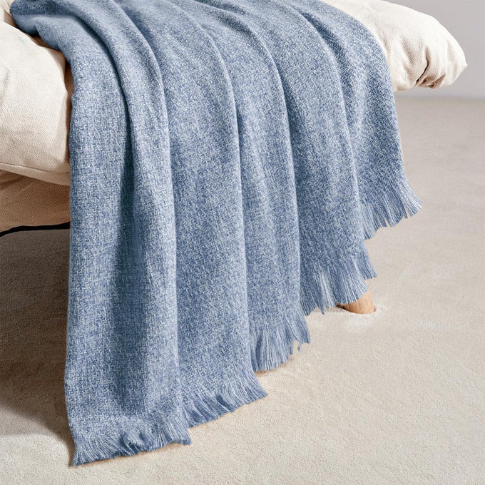 FAUX CASHMERE FRINGE THROW BLANKET DECORATIVE LIGHTWEIGHT THROW SOFT COZY FOR BED OR SOFA OUTDOOR BLANKET 50 X 70 BLUE