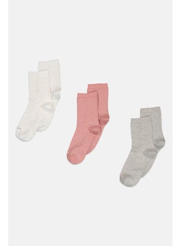 Women 3 Pairs Textured Long Socks, Grey/Pink/White