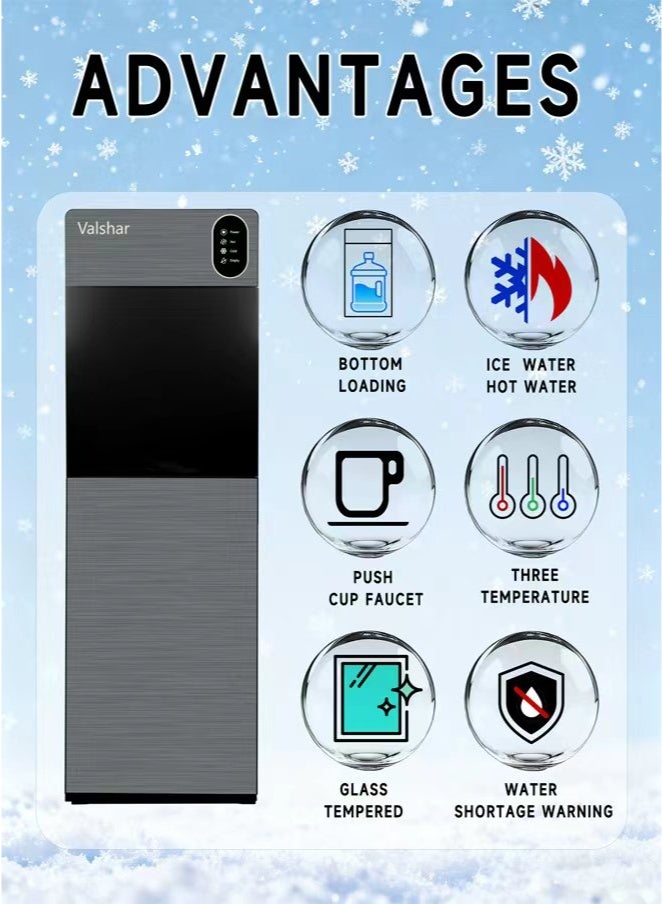 Valshar Bottom Loading Water Dispenser | Normal, Hot and Cold Function, Compressor Cooling, And 3 Taps| Cold Temperature: 4-12 Degrees Celsius; Hot Temperature: 85-95 Degrees Celsius| Perfect For Home And Office| Metallic - Image 2
