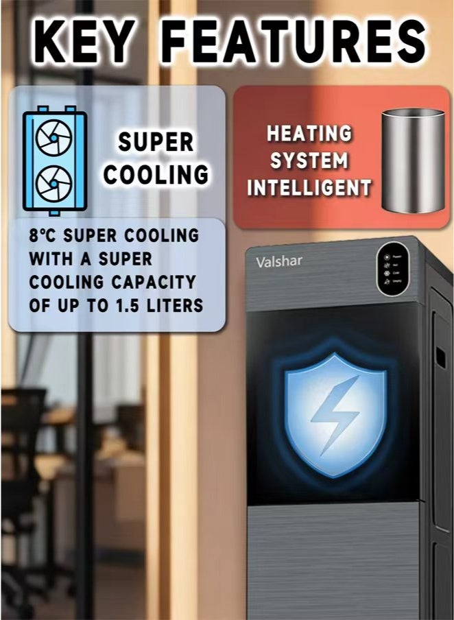 Valshar Bottom Loading Water Dispenser | Normal, Hot and Cold Function, Compressor Cooling, And 3 Taps| Cold Temperature: 4-12 Degrees Celsius; Hot Temperature: 85-95 Degrees Celsius| Perfect For Home And Office| Metallic - Image 5