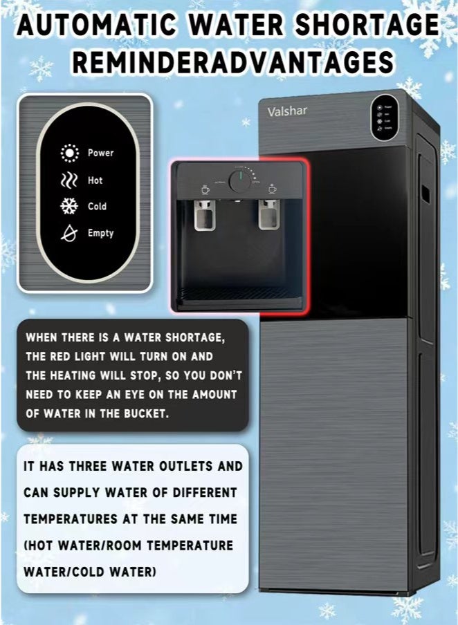 Valshar Bottom Loading Water Dispenser | Normal, Hot and Cold Function, Compressor Cooling, And 3 Taps| Cold Temperature: 4-12 Degrees Celsius; Hot Temperature: 85-95 Degrees Celsius| Perfect For Home And Office| Metallic - Image 3