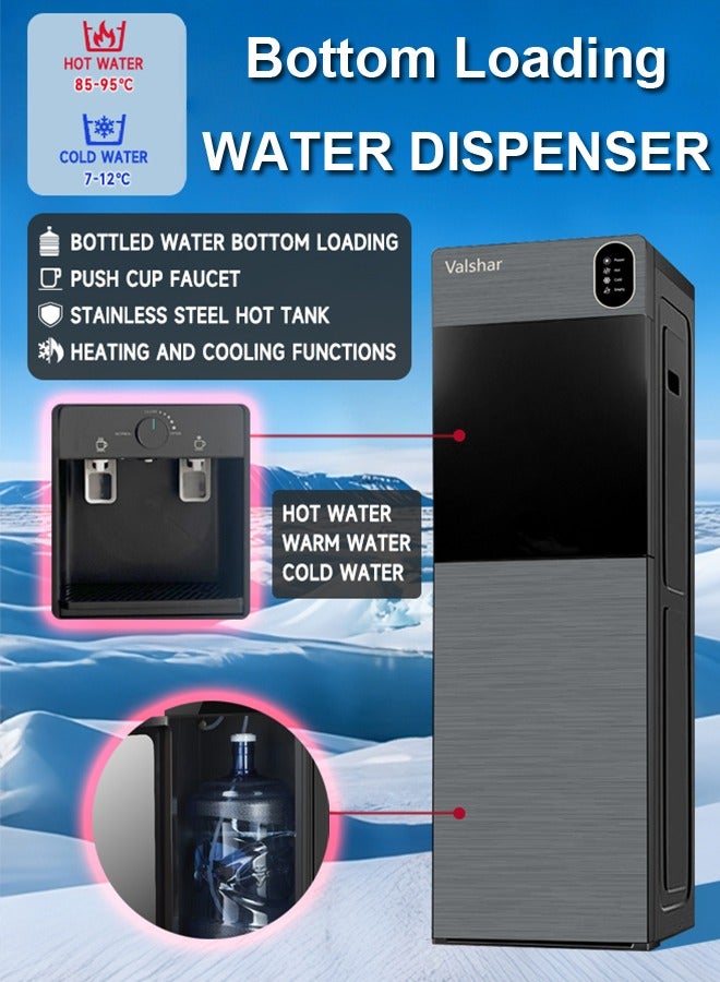 Valshar Bottom Loading Water Dispenser | Normal, Hot and Cold Function, Compressor Cooling, And 3 Taps| Cold Temperature: 4-12 Degrees Celsius; Hot Temperature: 85-95 Degrees Celsius| Perfect For Home And Office| Metallic - Image 1