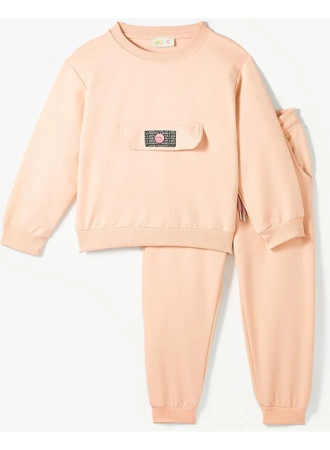 جون June Kids Pocket Flap Detailed 2-Pack Sweatshirt & Sweatpant Set Salmon