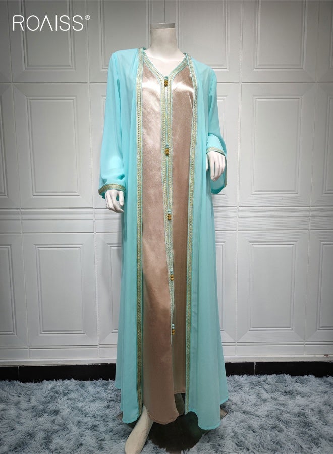 roaiss Women's 2 PCS Muslim Dress Ladies Ethnic Style Chiffon Robe Suit with Belt V Neck Luxury Maxi Dresses Modern Stylish Abaya Arabic Dress - Image 5