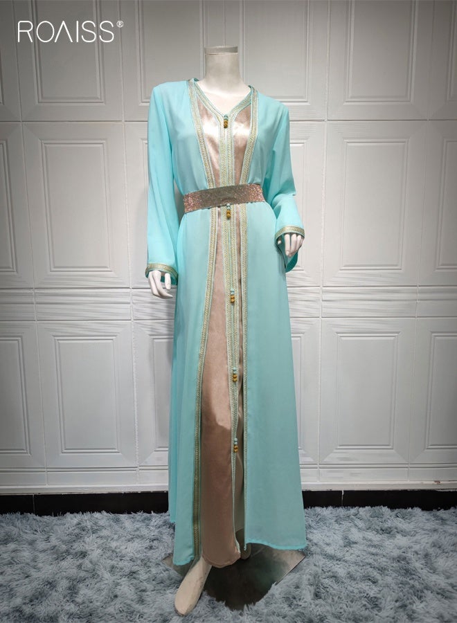 roaiss Women's 2 PCS Muslim Dress Ladies Ethnic Style Chiffon Robe Suit with Belt V Neck Luxury Maxi Dresses Modern Stylish Abaya Arabic Dress - Image 3