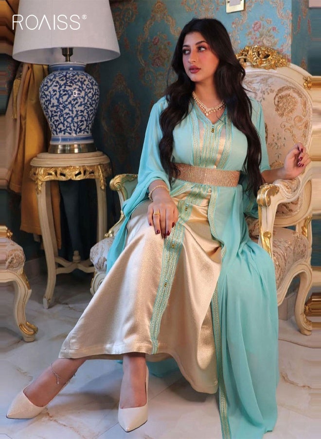 roaiss Women's 2 PCS Muslim Dress Ladies Ethnic Style Chiffon Robe Suit with Belt V Neck Luxury Maxi Dresses Modern Stylish Abaya Arabic Dress - Image 1