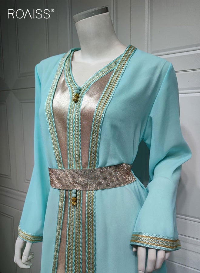 roaiss Women's 2 PCS Muslim Dress Ladies Ethnic Style Chiffon Robe Suit with Belt V Neck Luxury Maxi Dresses Modern Stylish Abaya Arabic Dress - Image 4