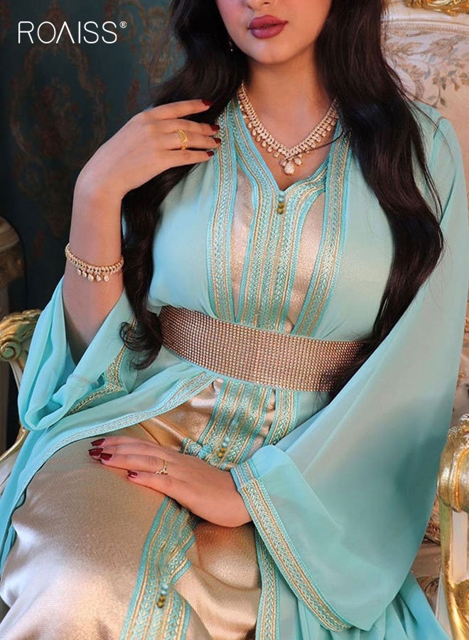 roaiss Women's 2 PCS Muslim Dress Ladies Ethnic Style Chiffon Robe Suit with Belt V Neck Luxury Maxi Dresses Modern Stylish Abaya Arabic Dress - Image 2