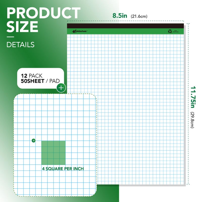 KAISA Graph Paper Legal Pads Writing Pads 6 pad 300 Sheets Recycled Paper 8.5"x11.75" Quad Ruled 4x4 Perforated 50sheets/pad Grid Paper Notepads Writing Tablet White For Office Supplies (White 6pad, 8.5x11.75'') - Image 2