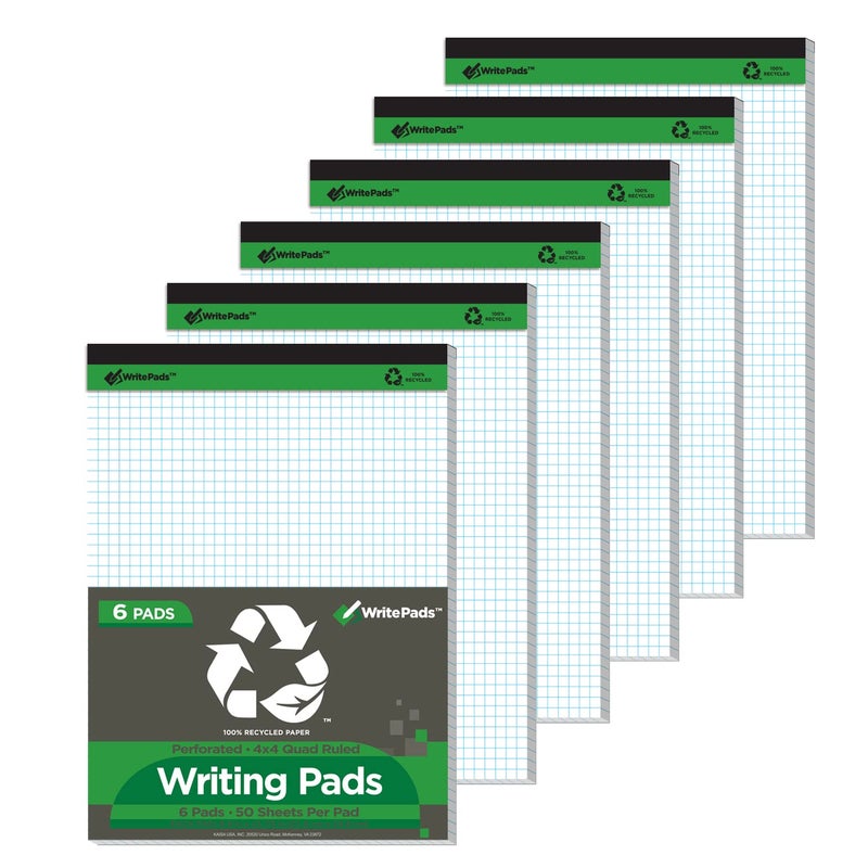 KAISA Graph Paper Legal Pads Writing Pads 6 pad 300 Sheets Recycled Paper 8.5"x11.75" Quad Ruled 4x4 Perforated 50sheets/pad Grid Paper Notepads Writing Tablet White For Office Supplies (White 6pad, 8.5x11.75'') - Image 1