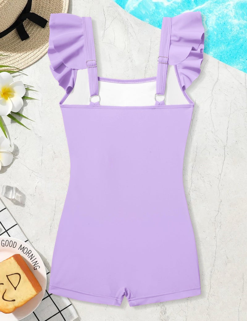 Aulyffo Girls Swimsuit Size 8 Bathing Suits for Girl One Piece Bathing Suit Solid Swimsuits Ruched Sleeveless Girls' Swimwear Purple 7-8 Years - Image 5