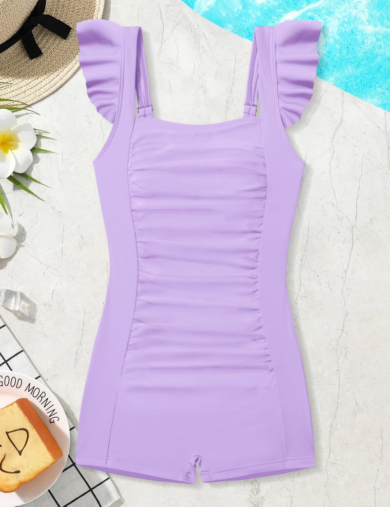 Aulyffo Girls Swimsuit Size 8 Bathing Suits for Girl One Piece Bathing Suit Solid Swimsuits Ruched Sleeveless Girls' Swimwear Purple 7-8 Years - Image 4