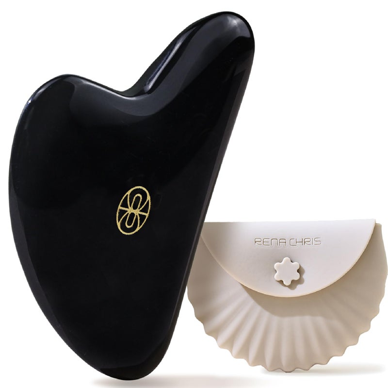 Rena Chris Gua Sha Facial ToolsErgonomic Black Obsidian Jade Gua Sha for Face Massage Jawline Sculpting Puffiness Reduction with Silicone Case Black