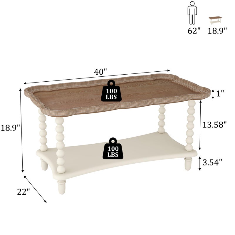 Function Home Farmhouse Coffee Table, Rustic White French Country Center Table with Storage Shelf, Wood Coffee Tables for Living Room Dining Room, Natural Tray Top and Vintage White Spindle Legs - Image 2