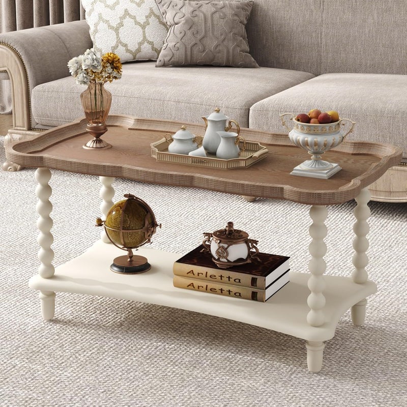 Function Home Farmhouse Coffee Table, Rustic White French Country Center Table with Storage Shelf, Wood Coffee Tables for Living Room Dining Room, Natural Tray Top and Vintage White Spindle Legs - Image 1