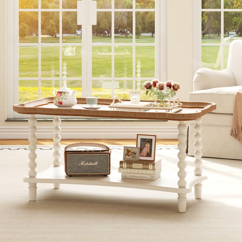 Function Home Farmhouse Coffee Table, Rustic White French Country Center Table with Storage Shelf, Wood Coffee Tables for Living Room Dining Room, Natural Tray Top and Vintage White Spindle Legs - Image 3