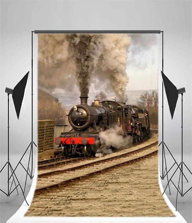 AOFOTO 5x7ft Old Fashioned Steam Locomotive Photography Studio Backdrops Vintage Train Depot Photo Shoot Background Retro Engine Outdoor Railway Video Props Adult Boy Girl Man Kid Artistic Portrait - Image 2