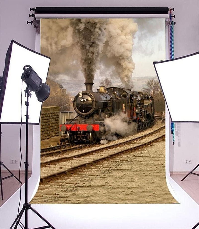 AOFOTO 5x7ft Old Fashioned Steam Locomotive Photography Studio Backdrops Vintage Train Depot Photo Shoot Background Retro Engine Outdoor Railway Video Props Adult Boy Girl Man Kid Artistic Portrait - Image 3